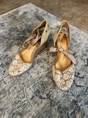 SCHUTZ Beige Lace Espadrille Wedges with Taupe Ankle Tie